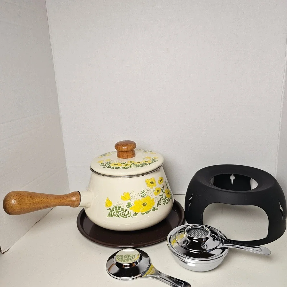 MCM 1970s Enamel Fondue Pot Cottagecore Yellow Floral Poppies Japan Analog